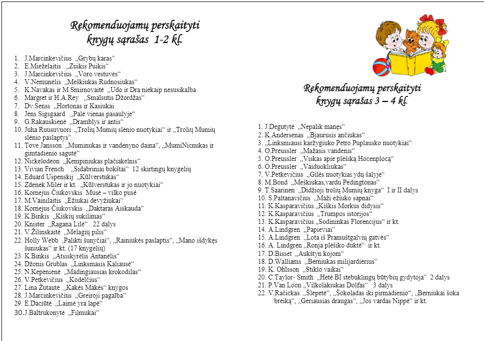 Rekomenduojamų knygų sąrašas pradinių klasių mokiniams